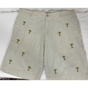 BARRY BRICKEN Men's Seersucker Striped Short w/Palm Trees Blue/White Size 34